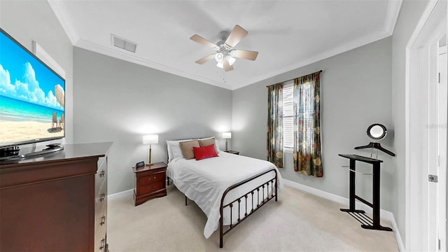 bedroom featuring visible vents, baseboards, light colored carpet, and crown molding