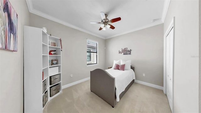 bedroom featuring light carpet and crown molding