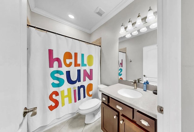 bathroom featuring visible vents, vanity, crown molding, and toilet