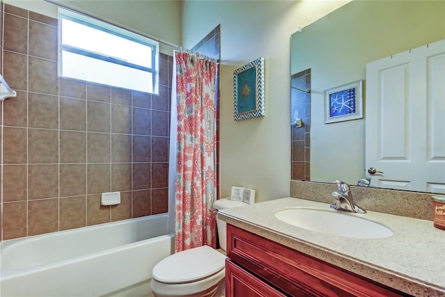 full bathroom featuring toilet, vanity, and shower / bathtub combination with curtain