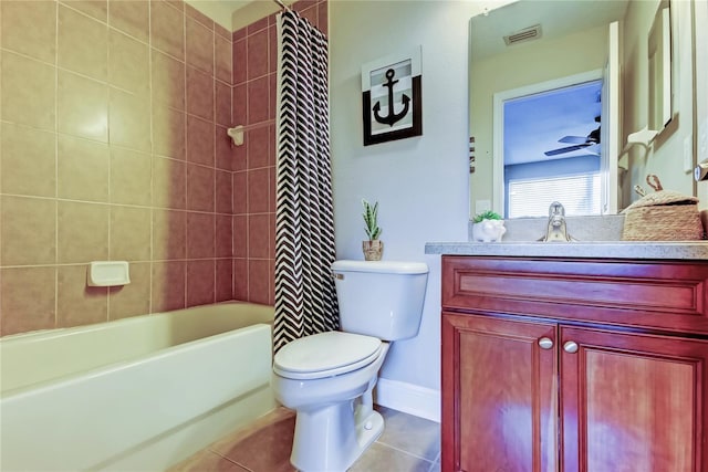 full bath with tile patterned flooring, visible vents, toilet, shower / bath combo, and vanity