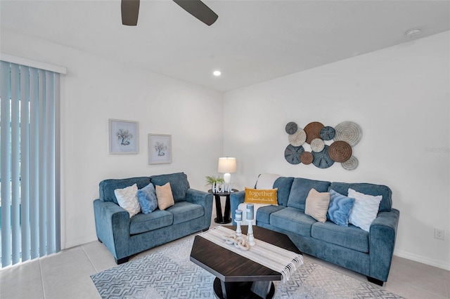 5728 Skytop Dr, Lithia, FL 33547 - tiled living room featuring ceiling fan, baseboards, and recessed lighting