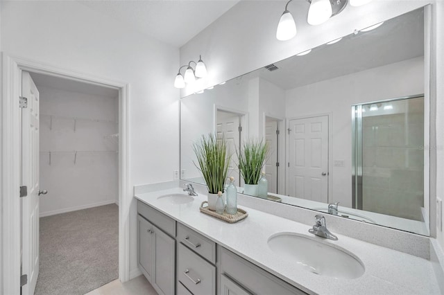 5728 Skytop Dr, Lithia, FL 33547 - bathroom with double vanity, a spacious closet, and a shower with shower door