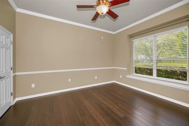 unfurnished room featuring dark wood-type flooring, ceiling fan, and ornamental molding