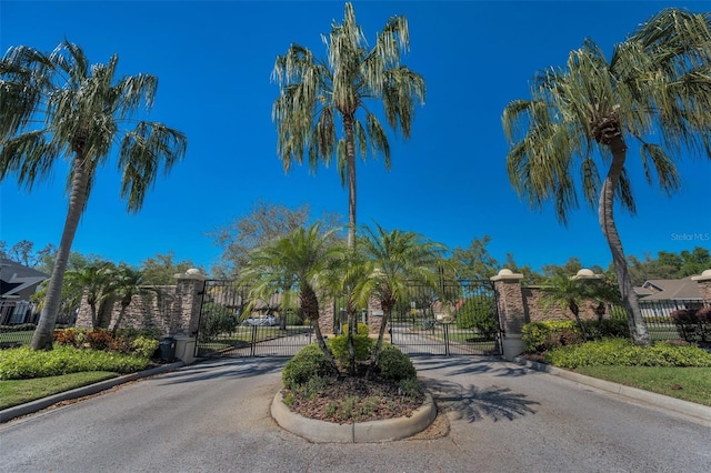 view of road with a gated entry, curbs, and a gate