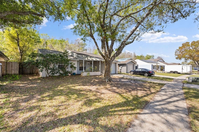 single story home with an attached garage and fence