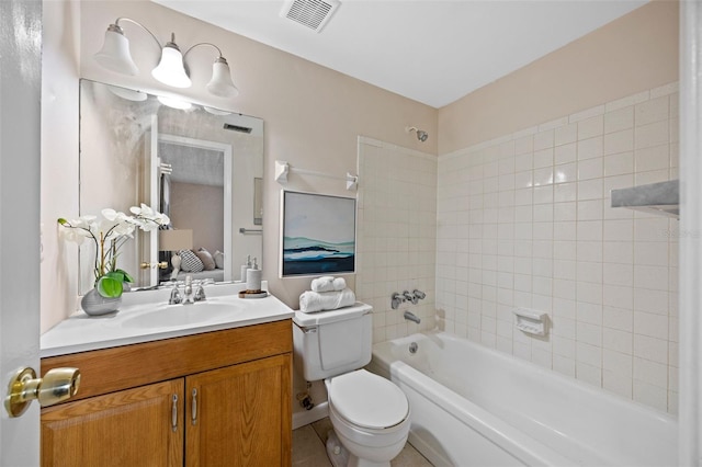 full bath with vanity, visible vents, shower / washtub combination, toilet, and connected bathroom