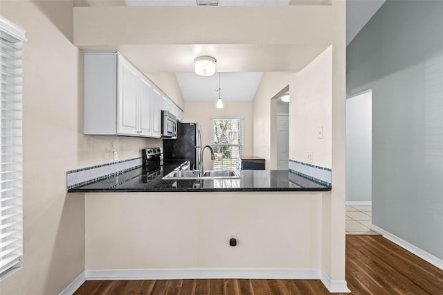 kitchen featuring a sink, dark wood finished floors, appliances with stainless steel finishes, a peninsula, and white cabinets