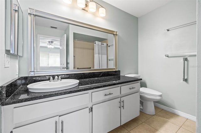 bathroom featuring vanity, a ceiling fan, visible vents, tile patterned flooring, and toilet