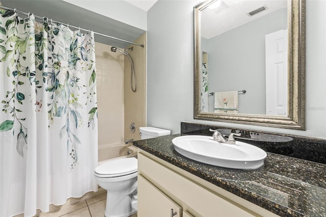 full bath featuring visible vents, toilet, shower / tub combo, tile patterned flooring, and vanity