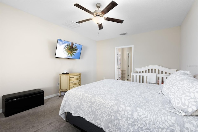 bedroom featuring visible vents, carpet flooring, a ceiling fan, and baseboards