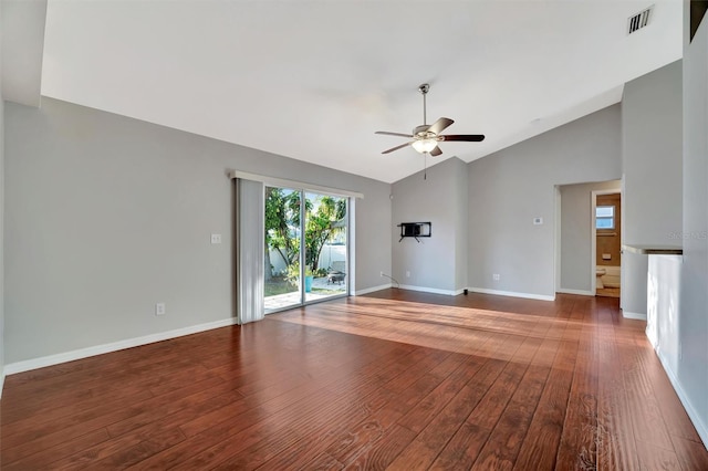 unfurnished room with visible vents, baseboards, ceiling fan, and hardwood / wood-style flooring