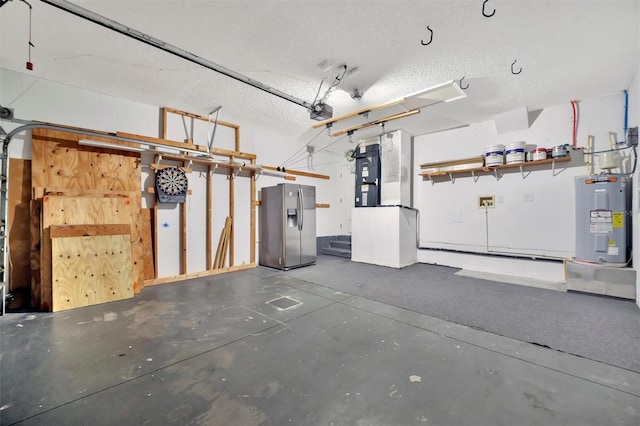 garage with stainless steel fridge, a garage door opener, and water heater