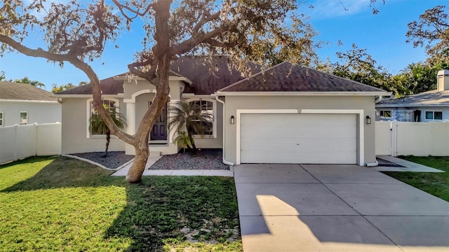 ranch-style house with stucco siding, a front lawn, driveway, fence, and a garage