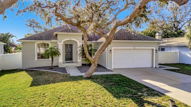 single story home featuring a front yard, fence, an attached garage, stucco siding, and concrete driveway