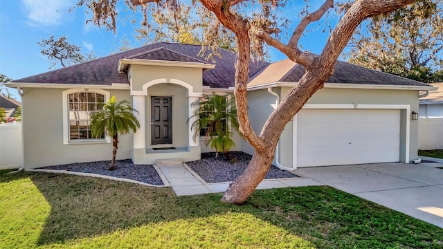 ranch-style home featuring stucco siding, concrete driveway, a garage, and roof with shingles