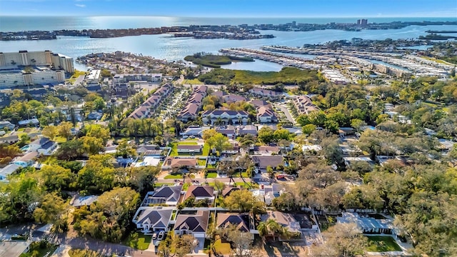 bird's eye view with a water view