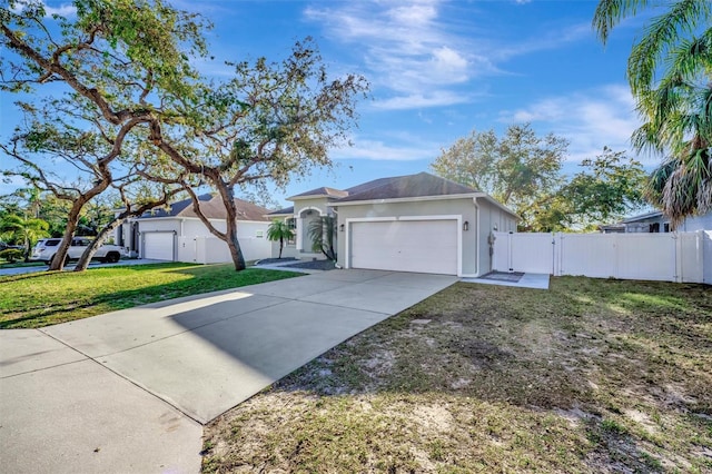 ranch-style house featuring a front lawn, fence, driveway, an attached garage, and a gate