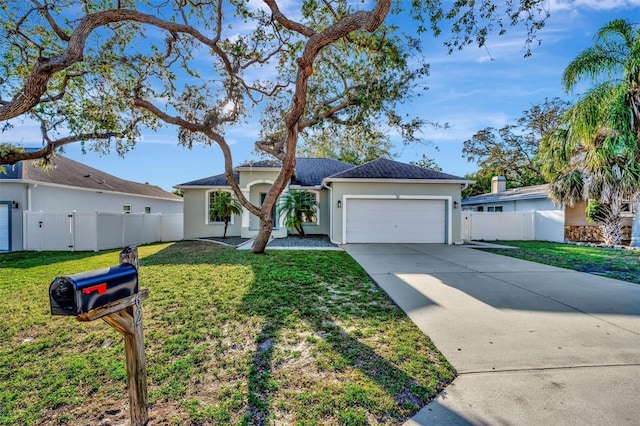 ranch-style house with a front yard, fence, stucco siding, concrete driveway, and a garage