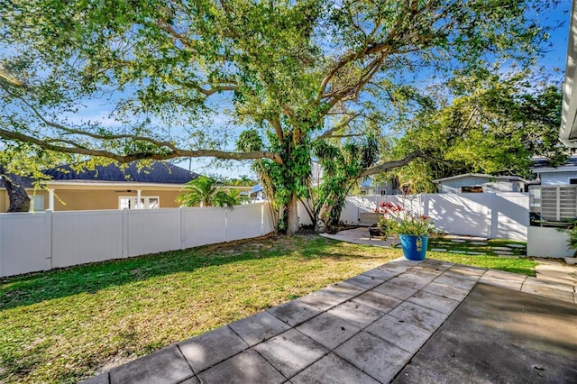 view of yard featuring a patio area and a fenced backyard