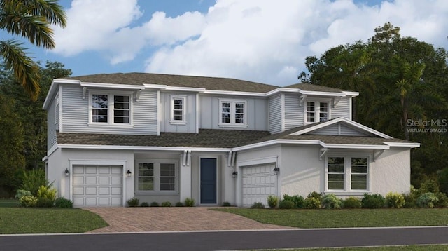 view of front facade featuring decorative driveway, stucco siding, an attached garage, and a shingled roof