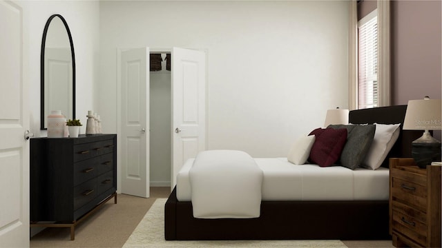 bedroom featuring light colored carpet