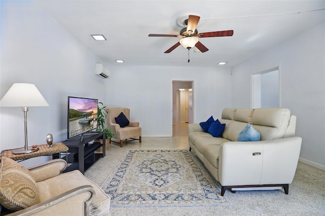 1005 Catalpa Ln, Orlando, FL 32806 - living area featuring an AC wall unit, ceiling fan, light speckled floor, and baseboards