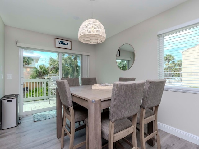 dining room featuring light wood-type flooring and baseboards