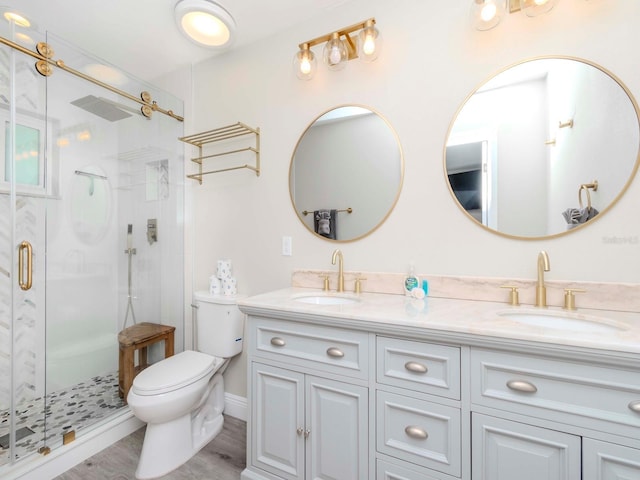 bathroom featuring a sink, toilet, double vanity, and a shower stall