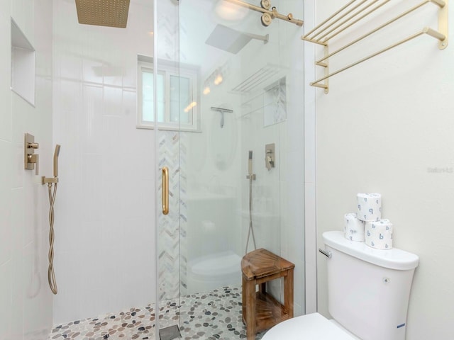 bathroom featuring toilet and a stall shower