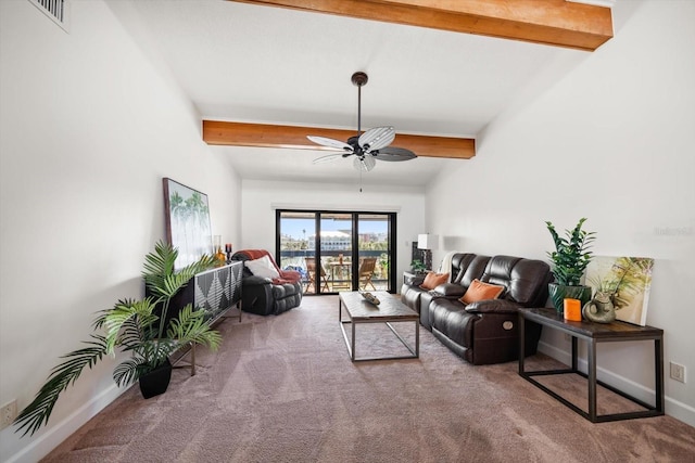 living room featuring visible vents, carpet floors, baseboards, ceiling fan, and vaulted ceiling with beams