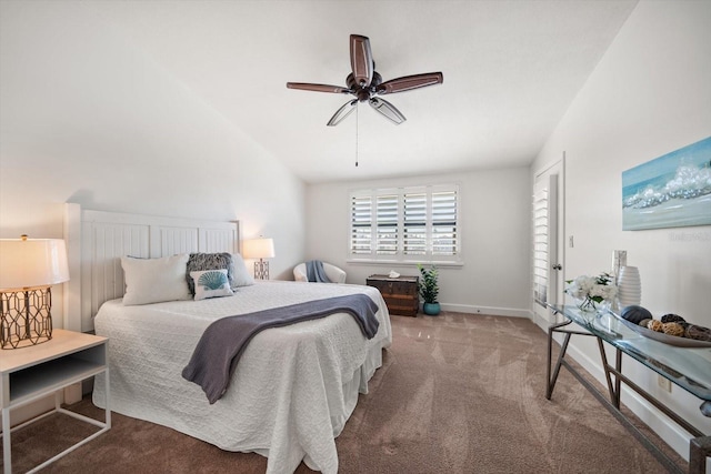 bedroom featuring vaulted ceiling, carpet flooring, a ceiling fan, and baseboards