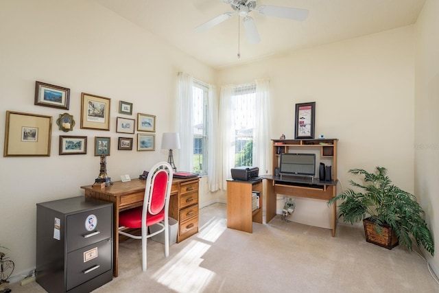 office with carpet flooring and a ceiling fan