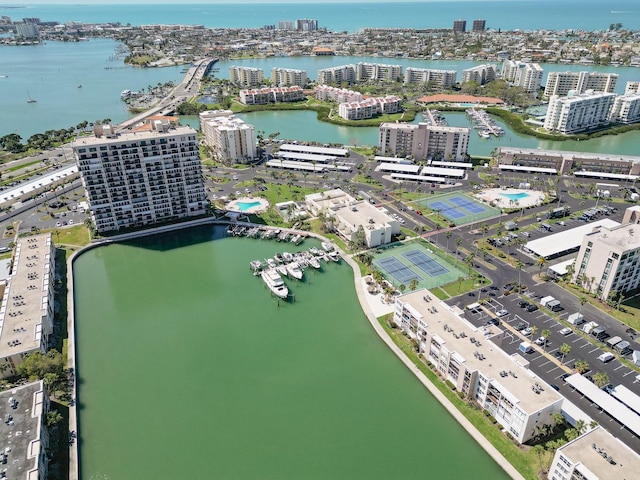 drone / aerial view with a water view and a city view