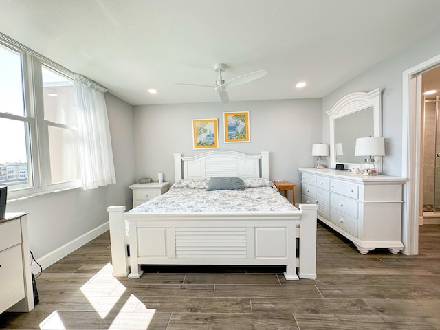 bedroom with recessed lighting, ceiling fan, baseboards, and dark wood-style flooring