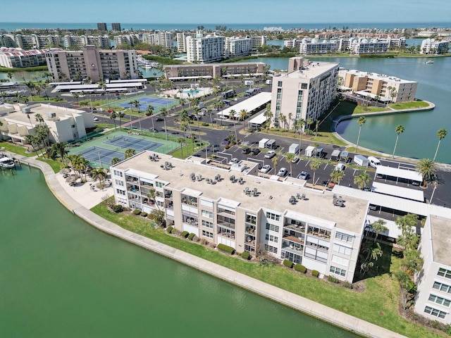 aerial view featuring a water view and a view of city