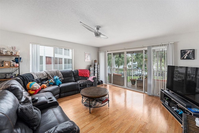 living area with plenty of natural light, a textured ceiling, a ceiling fan, and wood finished floors