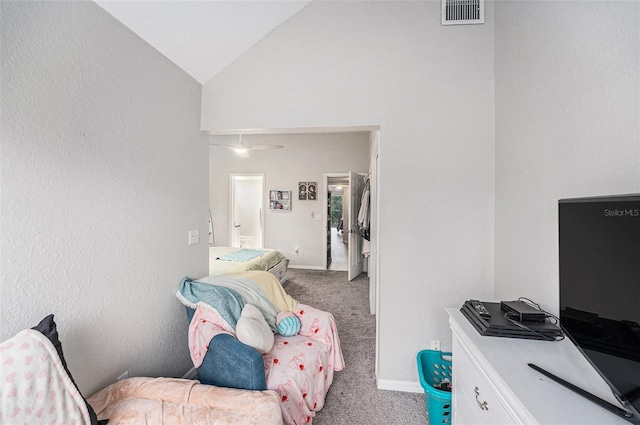 bedroom featuring visible vents, carpet flooring, baseboards, and lofted ceiling