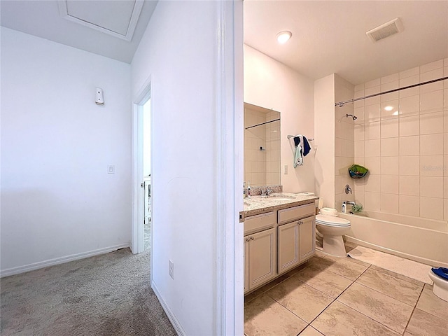 bathroom with tile patterned floors, visible vents, toilet,  shower combination, and vanity