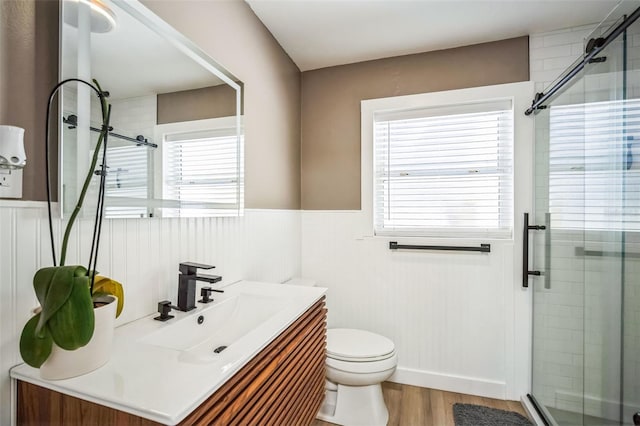 bathroom featuring vanity, toilet, and a stall shower
