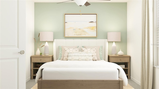 bedroom with baseboards, light carpet, and ceiling fan