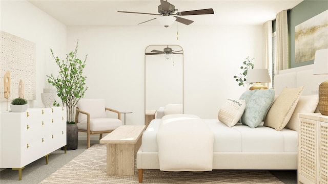 carpeted bedroom featuring ceiling fan