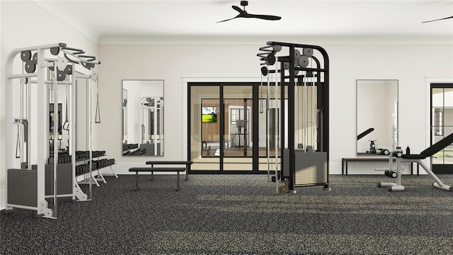 workout area featuring plenty of natural light, a ceiling fan, and ornamental molding