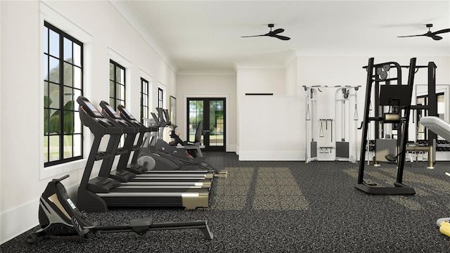 gym with baseboards, a ceiling fan, and crown molding