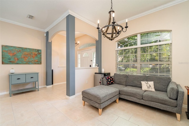 7581 Palmer Glen Cir, Sarasota, FL 34240 - living room with arched walkways, a chandelier, light tile patterned floors, ornamental molding, and baseboards