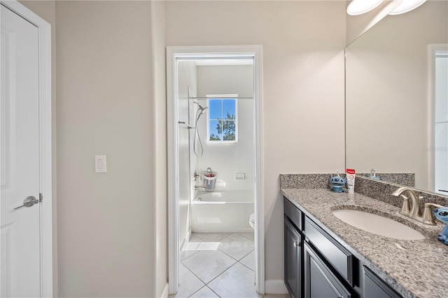 full bath with vanity, tile patterned floors, toilet, and shower / tub combination