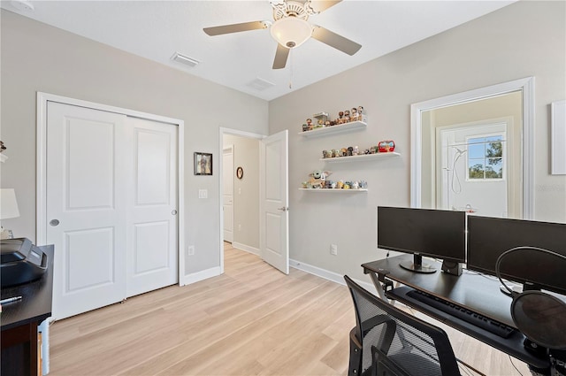 office area with visible vents, baseboards, a ceiling fan, and light wood finished floors