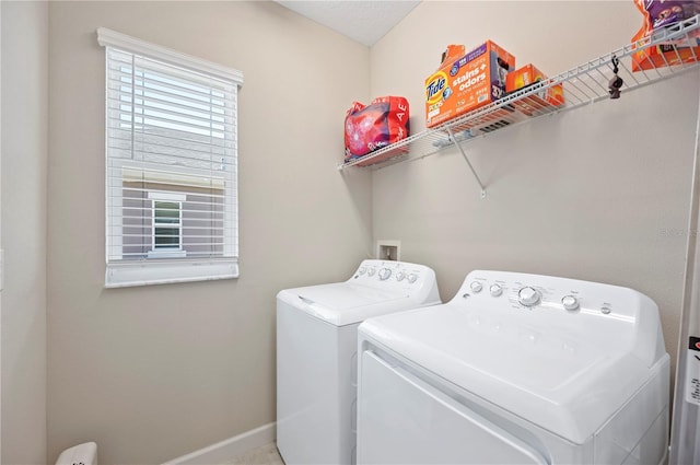 laundry room featuring washer and dryer, baseboards, and laundry area