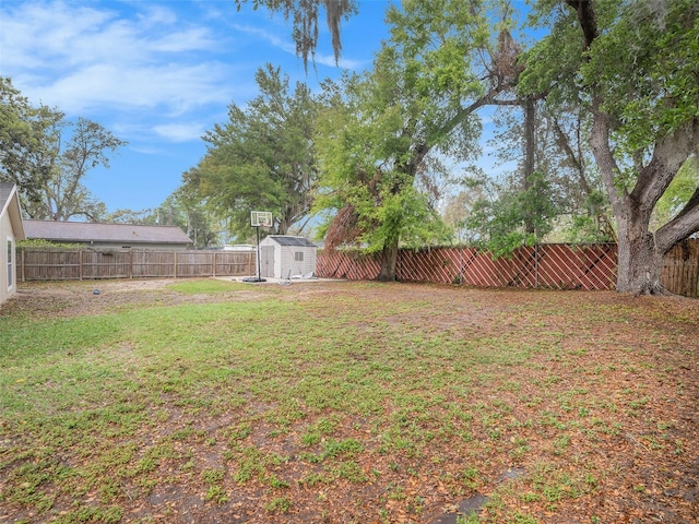 view of yard featuring an outdoor structure, a storage unit, and a fenced backyard