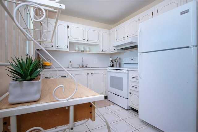 kitchen featuring white appliances, open shelves, light countertops, white cabinets, and under cabinet range hood